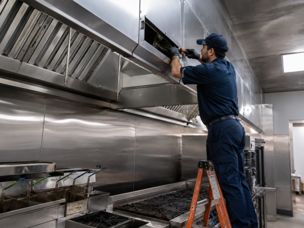 Technician repairing commercial kitchen exhaust unit above active prep station