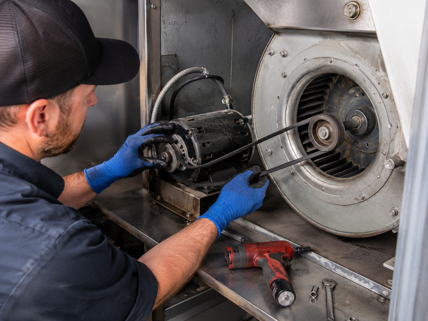 Technician repairing rooftop kitchen exhaust fan for busy commercial food business